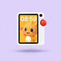 GigglePal Pocket front view with a character clock on screen and a red control knob.