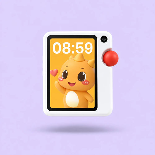 GigglePal Pocket front view with a character clock on screen and a red control knob.