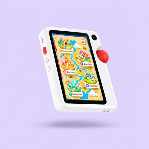 Angled view of GigglePal Pocket showing a colorful activity map and side controls.