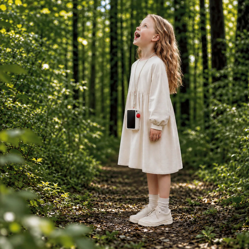 A child exploring a woodland path with GigglePal Pocket hanging from a lanyard.