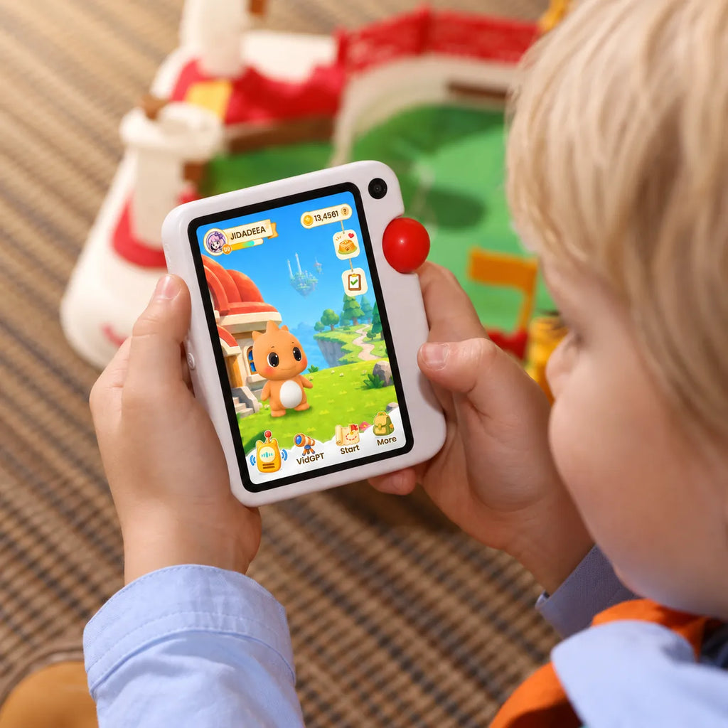 A child holding GigglePal Pocket with a virtual character on screen.