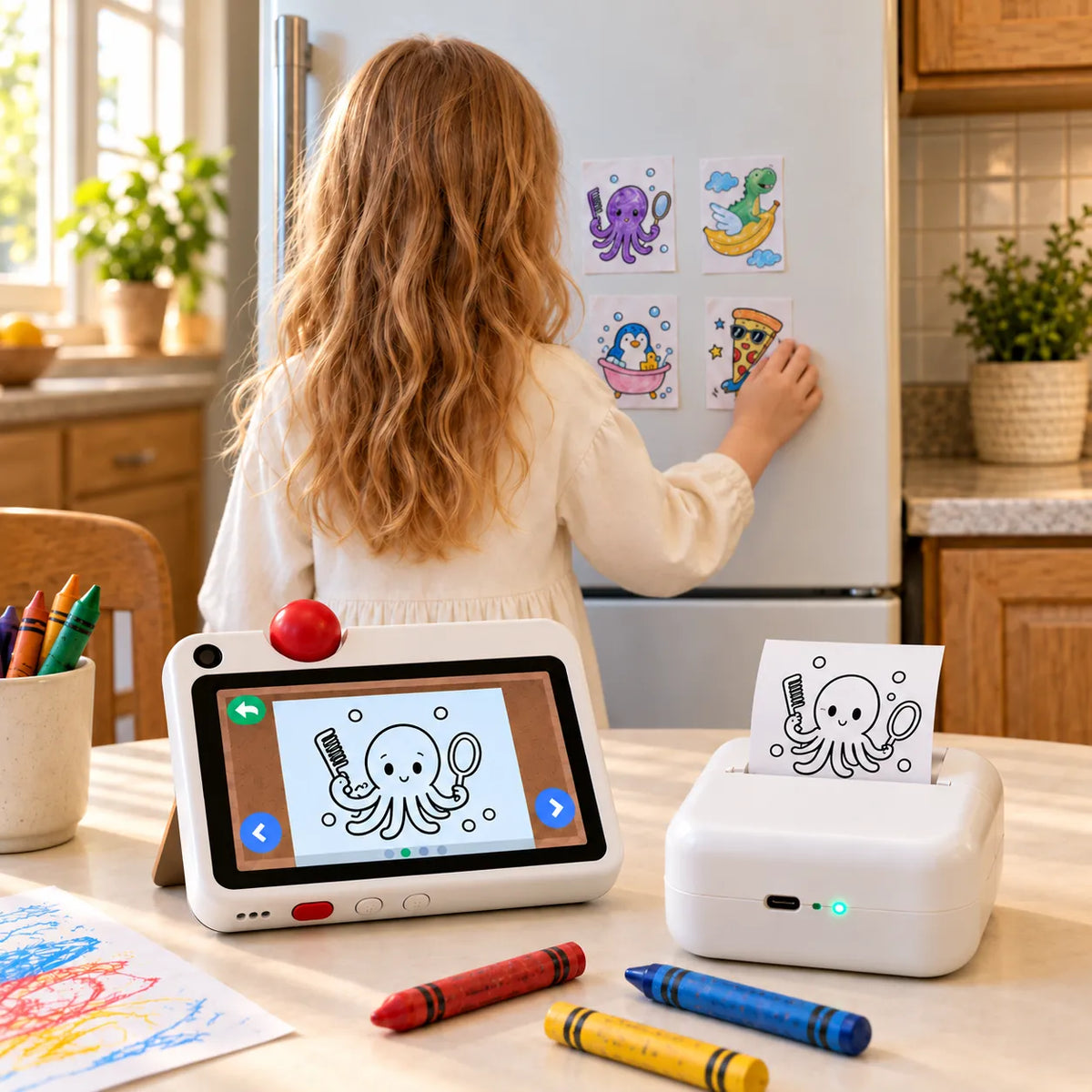GigglePal Pocket and a mini printer displaying an octopus drawing as a child decorates the fridge.