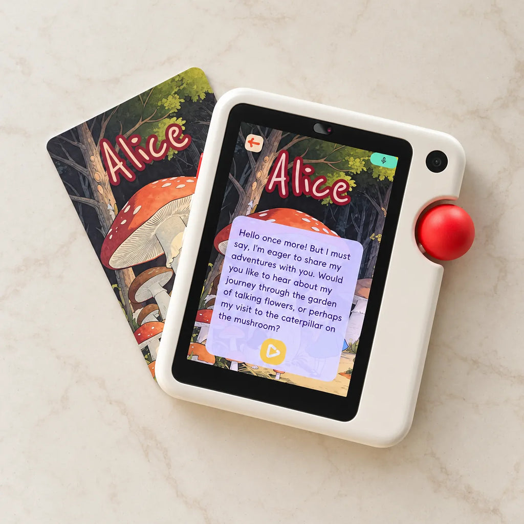 GigglePal Pocket displaying an Alice story beside the matching story card.