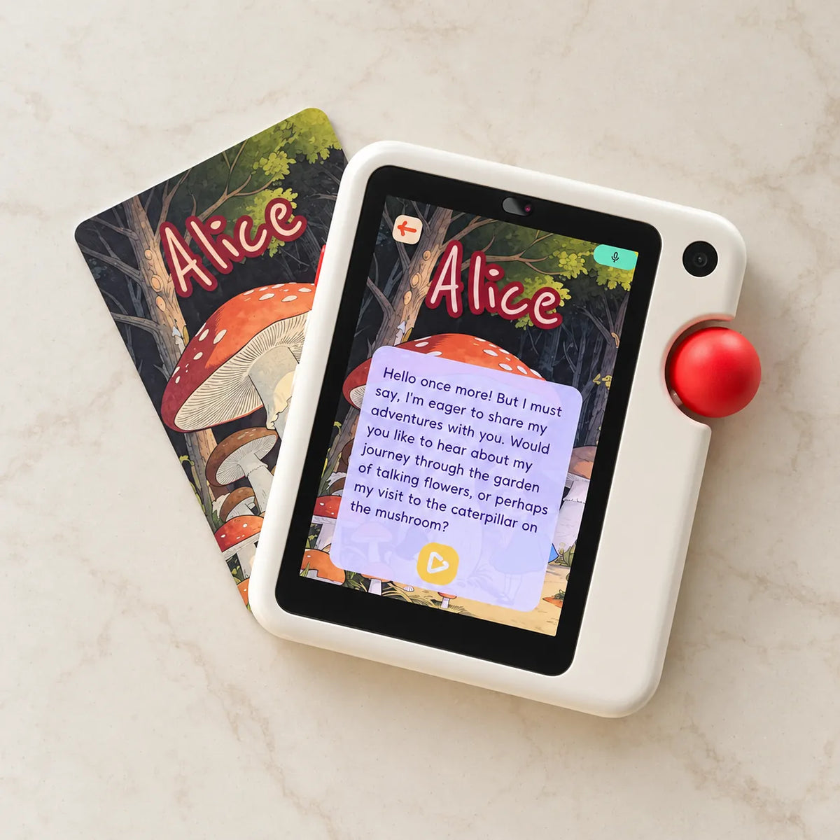 GigglePal Pocket displaying an Alice story beside the matching story card.
