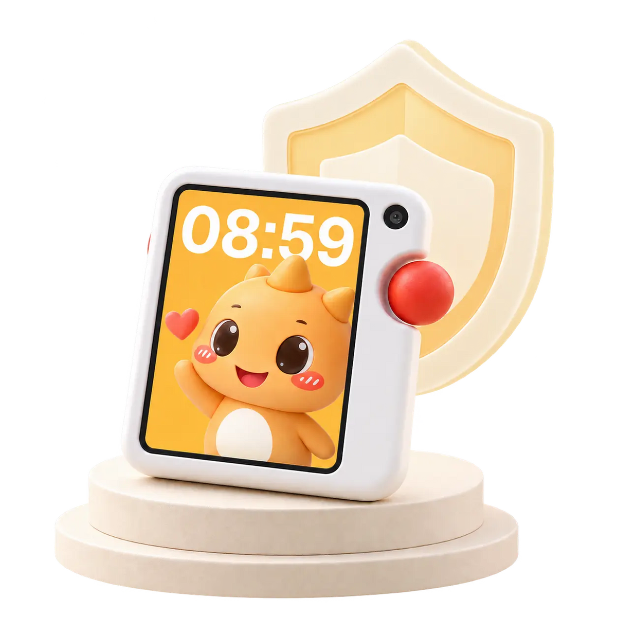 GigglePal Pocket kids reading device on display pedestal with shield icon, safe child-friendly learning tablet with cute cartoon character on screen