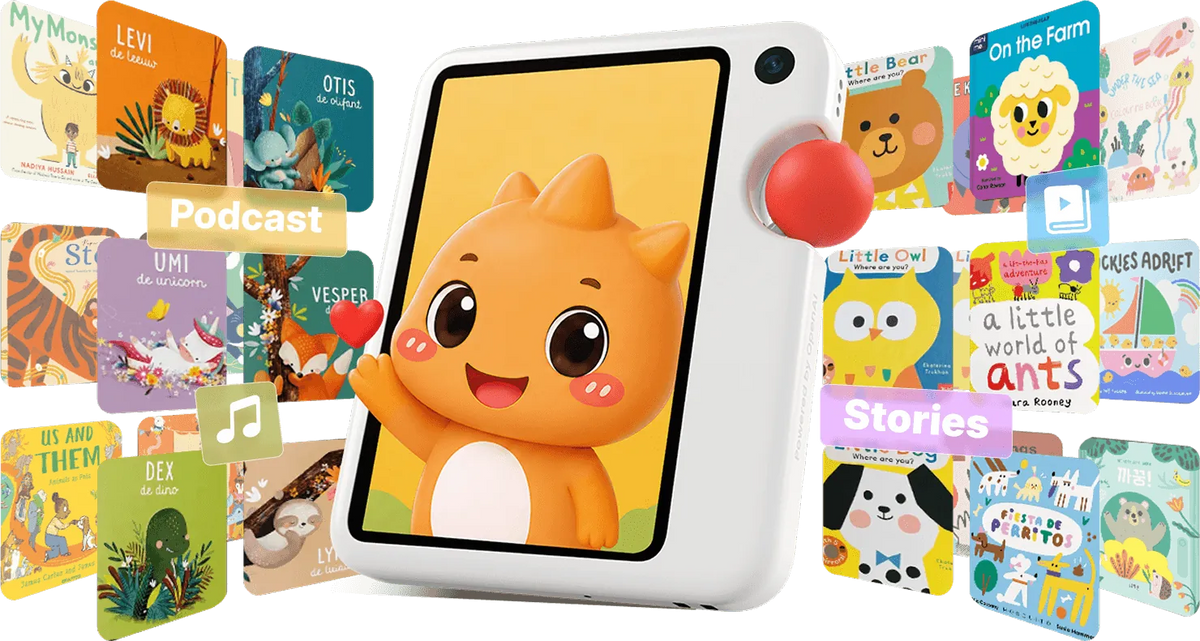 GigglePal surrounded by songs, podcasts, stories, and animated books