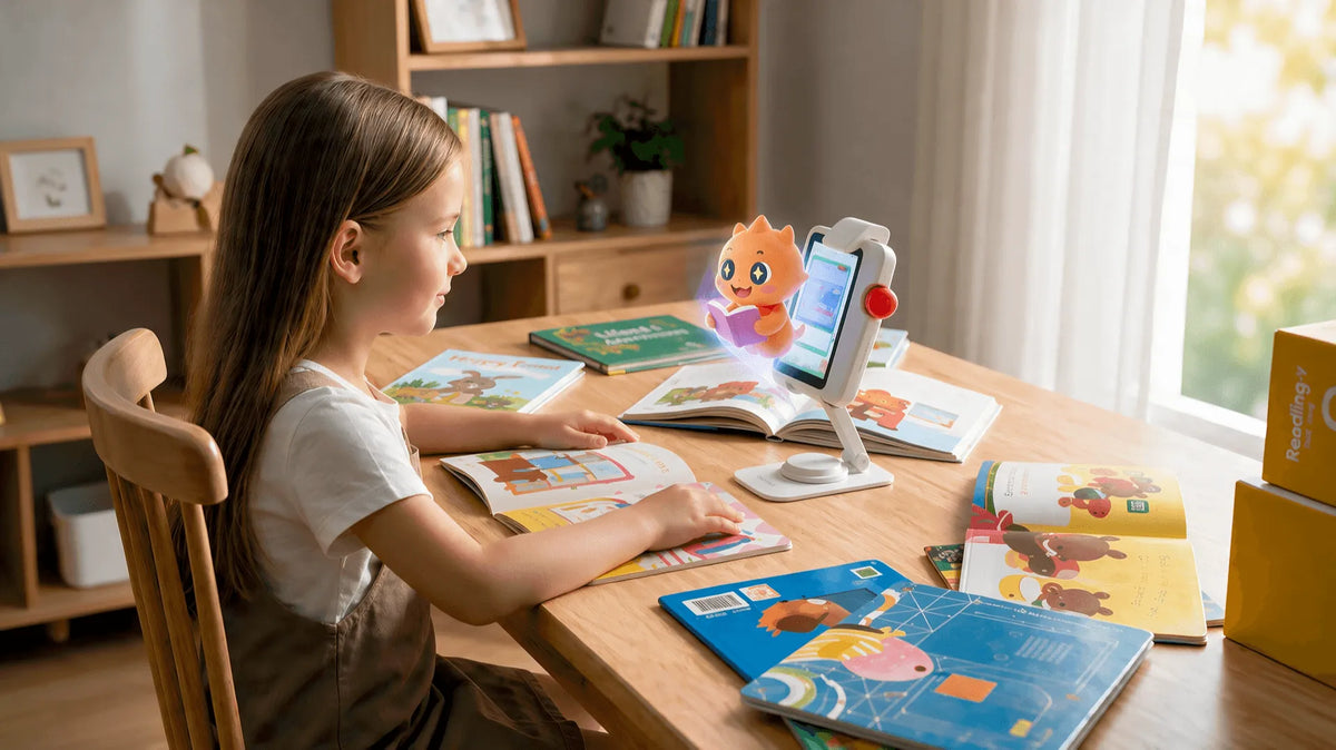 Girl reads picture books with GigglePal virtual reading companion, immersive storytelling for young kids